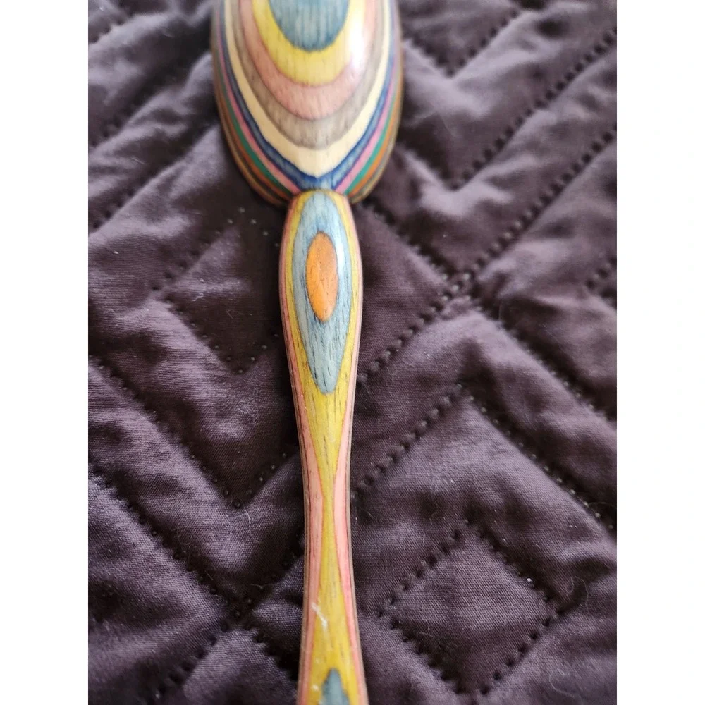 Vintage Rainbow coloured Handmade Wooden Spoon | Wood Intarsia and layered color